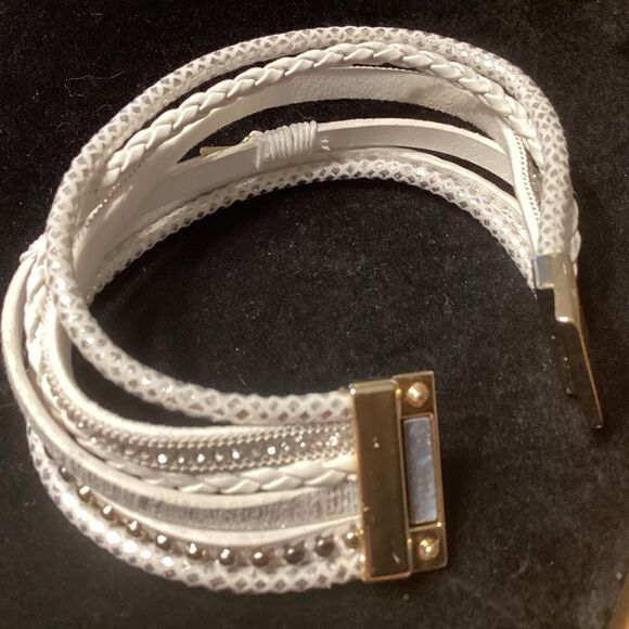 Magnetic White Leather Six Strand Bracelet - Picture 5 of 7